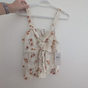 Cream Sleeveless Tank Top with Tie Front and Ruffles